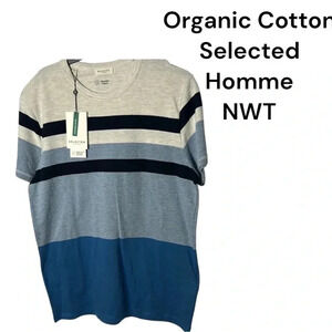 SELECTED HOMME organic cotton BLUE WHITE AND LIGHT BLUE  SHORT SLEEVE SHIRT